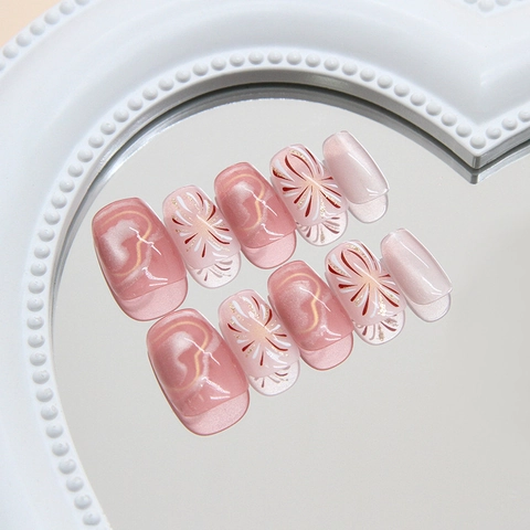 Handmade Pink Cat Eye Press On Nails With Shimmer Heart Firework Patterns ABS Plastic Reusable Short Coffin False Nails For Women