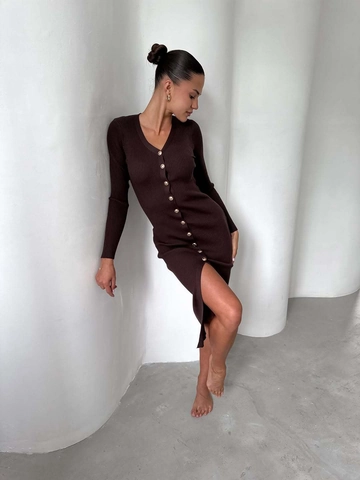 V-Hals Gebreid Midi Jurk Met Knoppen Lange Mouwen Zijsplit Nauwsluitend Sexy Streetwear Voor Dames