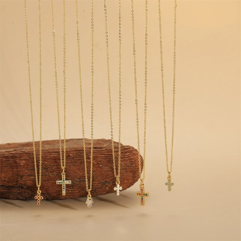 Kruis Hanger Ketting Koper Cubic Zirconia Kleurrijke Hamsa Hand Sieraden Voor Dames Verguld INS Stijl