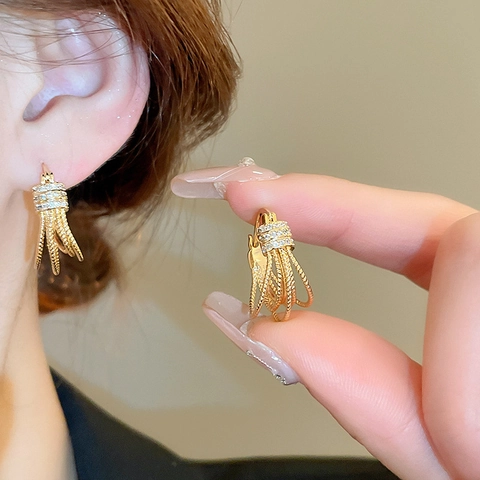 Vintage French Style Multi Layer Twisted Geometric Huggie Earrings Copper Zircon Gold Plated With Steel Earring Post For Women