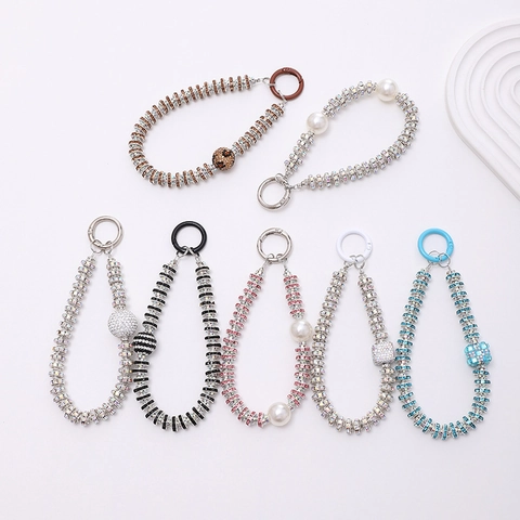 Porte-clés de Luxe en Künstliche Perles de Strass Dragonne pour Téléphone Portable Avec Breloques en Künstliche Perle Artificielle et Boule de Cristal