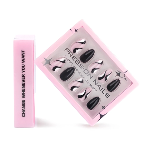 Press On Nails Almond Glossy Black Pink White Abstract Swirl Patterns False Nail Tips For Women Manicure Art Fashion