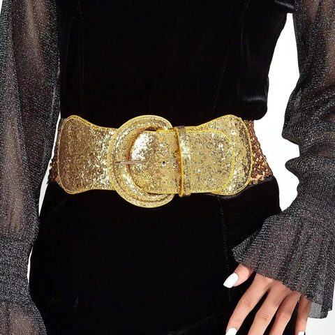 Cintura Elastica Larga da Donna con Paillettes Glitterate e Fibbia Tonda con Ardiglione per Abito Cappotto Accessorio Festa