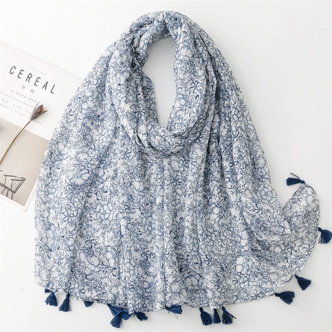 Blau Weiß Geblümt Schal Stola Polyester Voile Leicht Quasten Strand Sonnenschutz Wrap Elegant Damen