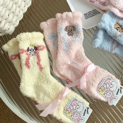 Korallenfleece Winter Dicke Warme Socken Cartoon Tier Stickerei Schleife Home Schlafen Boden Süß Kawaii Damen