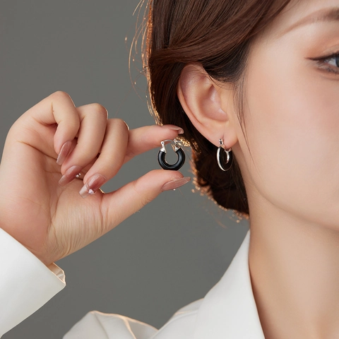 Orecchini A Cerchio Geometrici Smalto Nero Rame Con Perno In Argento Sterling 925 Moda Minimalista Per Donne