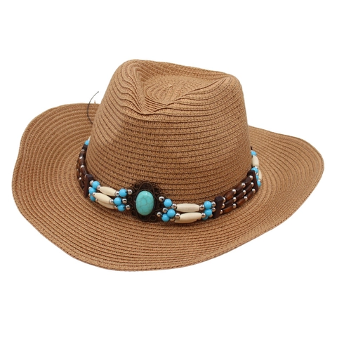 Sombrero de Paja Vaquero del Oeste para Mujer Estilo Bohemio Ala Ancha Con Cuentas de Madera Turquesa para Playa
