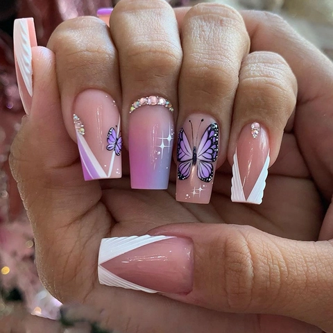 Faux Ongles Press On Longs Cercueil Papillon Strass Décor Style Français Dégradé Rose Violet Manucure