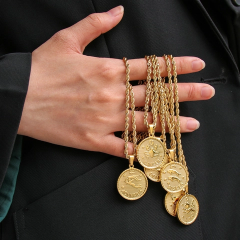 Collana Segni Zodiacali Ciondolo Moneta Rotonda Acciaio Inossidabile Placcato Oro 18K Catena A Corda Gioielli