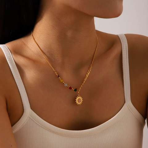 Sun Pendant Necklace 18K Gold Plated Stainless Steel Asymmetric Colorful Stone Beads Vintage French Style For Women