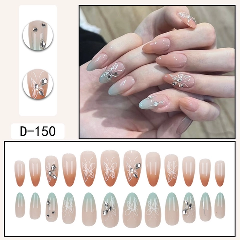 Kunstnagels Amandelvorm Vlinderpatroon Roze Blauw Gradiënt Strass Glanzende Manicure DIY Nagelkunst