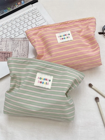 Borsa Da Trucco A Righe Grande Capacità In Poliestere E Tela Pochette Per Cosmetici Con Cerniera Organizzatore Da Toeletta Morbido Portatile