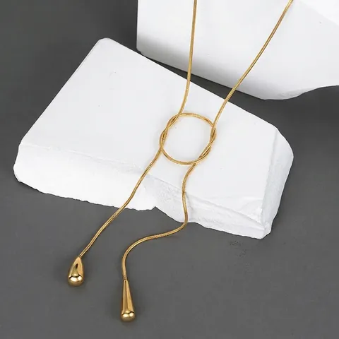 Fashion Stainless Steel Water Drop Pendant Tassel Necklace 18K Gold Plated Minimalist Adjustable Lariat Chain Necklace For Women