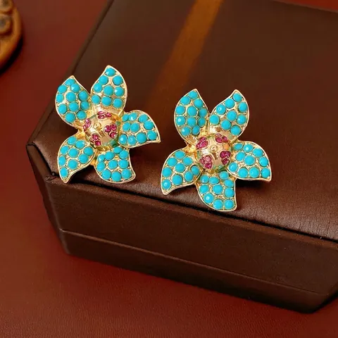 Vintage Flower Stud Earrings With Alloy Blue Beads Rhinestones And Silver Earring Post Retro Bohemian For Women