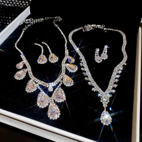 Collar Y Pendientes De Zircón Y Diamantes De Imitación Gota De Agua Cobre Color Plata Elegante Joyería De Fiesta Para Mujer