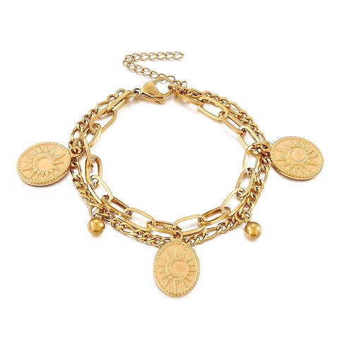 Double Layer Stainless Steel Bracelet With Sun Moon Embossed Pendants Gold Plated Adjustable Jewelry For Women