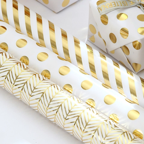 Gift Wrapping Paper Roll Metallic Gold Foil Pattern Dots Stripes Stars For Birthday Valentine Wedding Party Decorative Luxury