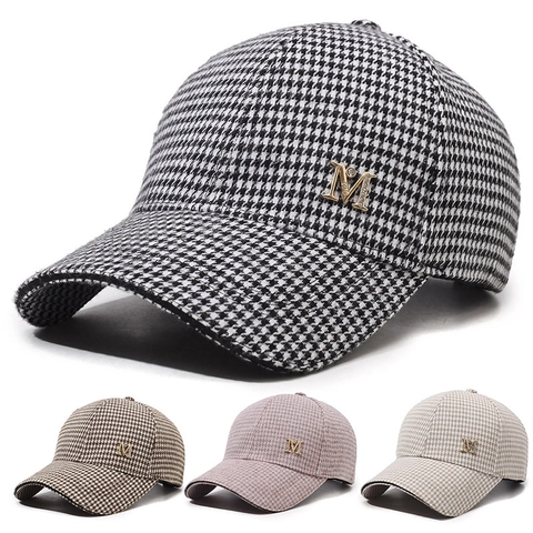 Retro Houndstooth Baseball Cap For Women Adjustable Metal Buckle Rhinestone Letter M Decor Cotton Blend Fashion Sun Hat