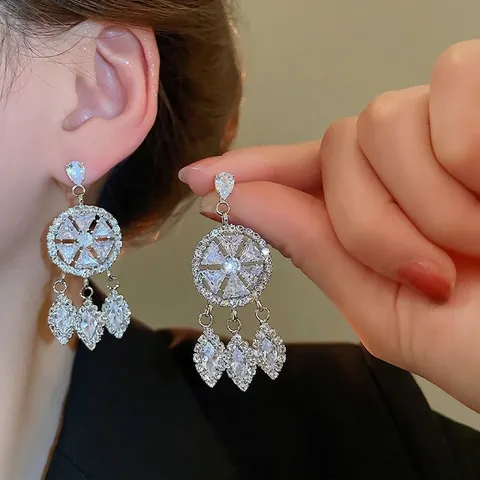 Elegant Zircon Tassel Dangling Earrings Copper With Silver Earring Post Circular Geometric Luxury Retro Jewelry For Women