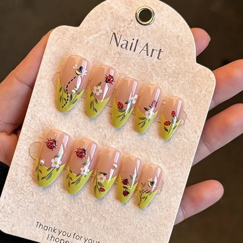 Hand Painted Press On Nails Almond Shape Insect Strawberry Daisy Design French Tip Green Pink Plastic With Faux Artificial Pearls