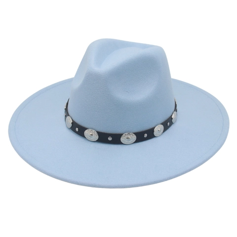 Wide Brim Fedora Hat Wool Felt Retro Western Style With Metal Concho Decorative Band Unisex Jazz Winter Warm Headwear