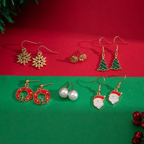 Pendientes De Navidad Aleación Esmalte Perla Artificial De Imitación Papá Noel Copos De Nieve Reno Joyería Festiva Para Mujeres