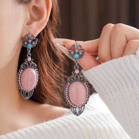 Vintage Palace Style Hollow Filigree Drop Earrings Pink Oval Resin Stone Turquoise Accents Alloy With Silver Earring Post