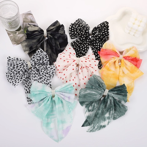 Mollette Per Capelli Con Fiocco Grande Eleganti Tessuto Chiffon Pieghettato Decoro Künstliche Perle Sintetiche Tie Dye Pois Moda Donna
