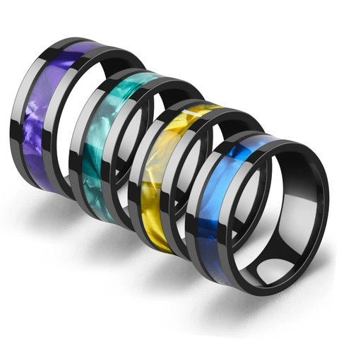 Polierter Schwarzer Edelstahlring Mit Grünem Muschelimitat Flaches Band Moderne Modeschmuck Unisex Fingerring