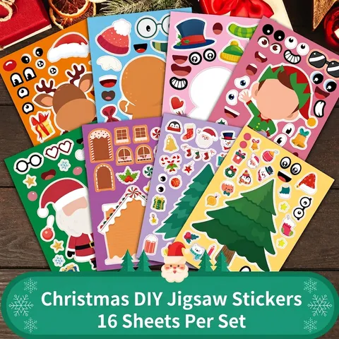 16 Blatt DIY Weihnachten Gesicht Aufkleber Für Kinder Lustige Cartoon Weihnachtsmann Rentier Schneemann Puzzle Aufkleber Party