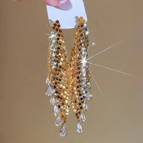 Pendientes Largos Con Borla Vintage Con Circonita Gota De Agua Malla Lentejuelas Joyería De Cobre Para Mujer Silver Earring Post
