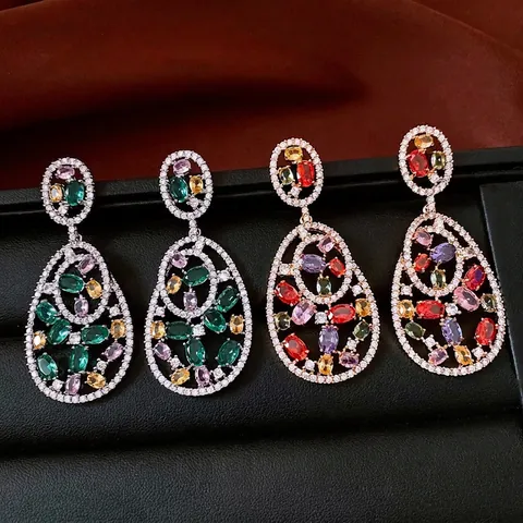 Orecchini Pendenti Ovali Cavi Lusso Vintage Da Donna Zircone Colorato Gioielli In Rame Con Silver Earring Post