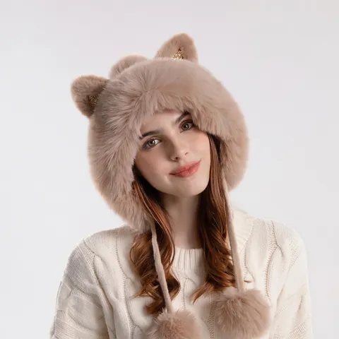 Women Winter Knit Faux Fur Hat Cat Ears Ear Flap Warm Plush Pom Pom Sequin Bonnet