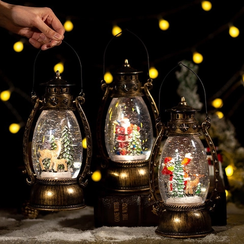 Farol Bola De Nieve Navideño Con Luz Música Bronce Vintage Plástico Con Purpurina Agua Decoración Papá Noel Muñeco