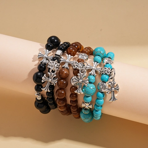 Bracciale Di Perline Retrò Con Ciondolo A Croce In Lega Gioielli Vintage Gotici Pietra Vetro Per Donna Uomo