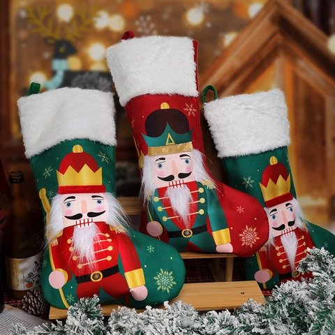 Notenkraker Soldaat Kerstsokken Grote Manchet Van Namaakbont Polyester Hangende Cadeautas Haard Vakantie Decoratie Rood Groen
