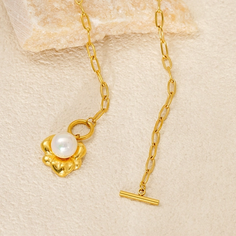 Collana Pendente Acciaio Inossidabile Perla Artificial Petalo Fiore Placcato Oro Catena Graffetta Chiusura Toggle Gioielli Moda Donna