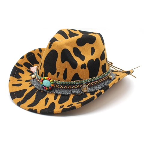 Western Cowboy Fedora Hoed Vilt Dierenprint Turquoise Etnische Band Kwastjes Metalen Munt Decor Boheemse Accessoire