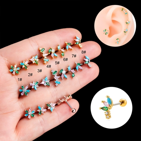 Fashion Stainless Steel Cartilage Earring For Women Colorful Zirconia Flower Stud Earrings With Screw Ball Back Jewelry