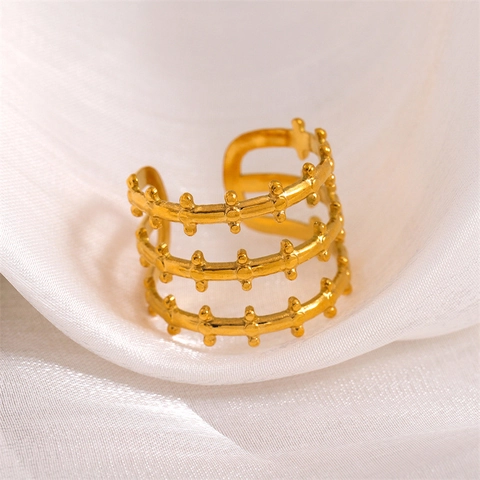 Mehrlagiger Hohlzaun Ring 18K Vergoldeter Edelstahl Verstellbares Offenes Design Mit Perlen Für Damen Mädchen Schick