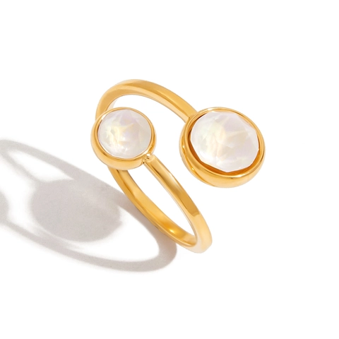 Adjustable Open Ring Stainless Steel 18K Gold Plated Staggered White Faux Gemstones Waterproof Hypoallergenic Retro Jewelry Women