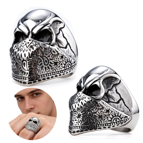 Anello Teschio Acciaio Inossidabile Motivo Paisley Maschera Stile Punk Gothic Rock Per Uomo Colore Argento Vintage