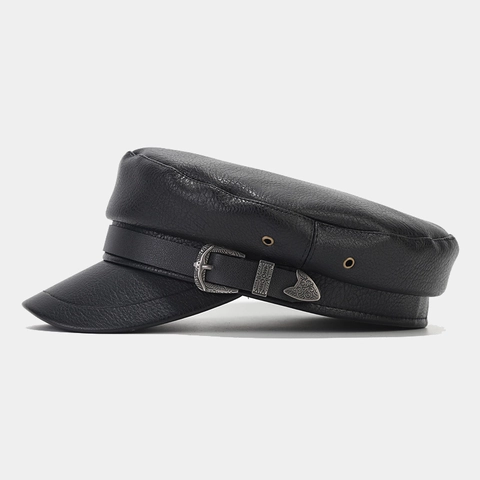 Sombrero De Marinero Retro Cuero PU Hebilla De Cinturón Vintage Decoración Gorra Militar Moda Newsboy Streetwear