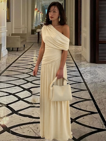 Asymmetric Shoulder Maxi Dress Ruched Polyester Spandex Slim Fit Sleeveless Formal Evening Party Elegant Women