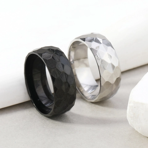 Anello Da Uomo In Acciaio Inossidabile Esagonale Sfaccettato Trama Martellata Fascia Geometrica Minimalista