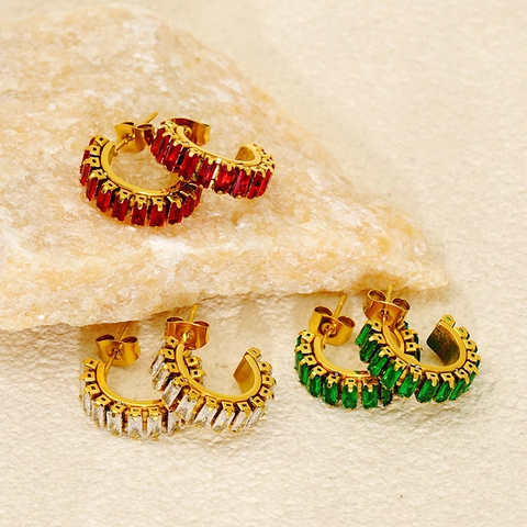 Baguette Cubic Zirconia C Hoop Earrings 18K Gold Plated Stainless Steel Vintage French Luxury Jewelry For Women