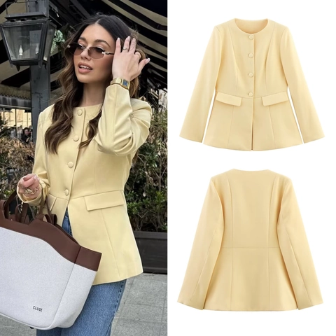 Blazer Para Mujer Chaqueta Cuello Redondo Manga Larga Botonadura Sencilla Color Sólido Poliéster Otoño Moda
