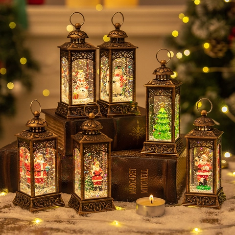 Weihnachten Vintage Schneekugel Laterne LED Wasser Treibend Glitzer Weihnachtsmann Schneemann Baum Schreibtisch Dekoration PVC