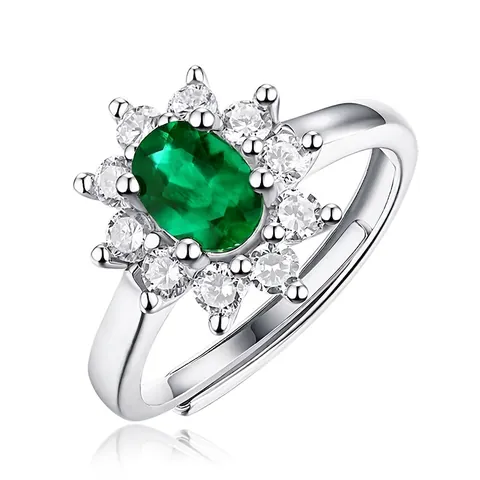 925 Sterling Silver Emerald Style Open Ring For Women Elegant Rhinestone Halo Flower Adjustable Finger Ring Jewelry Gift