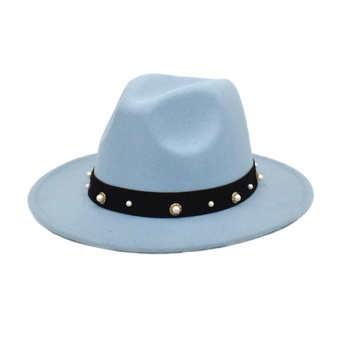 Retro Elegant Fedora Hat Woolen Felt With Artificial Pearl Gold Rivet Decorative Band Wide Brim Solid Color Unisex Jazz Cap